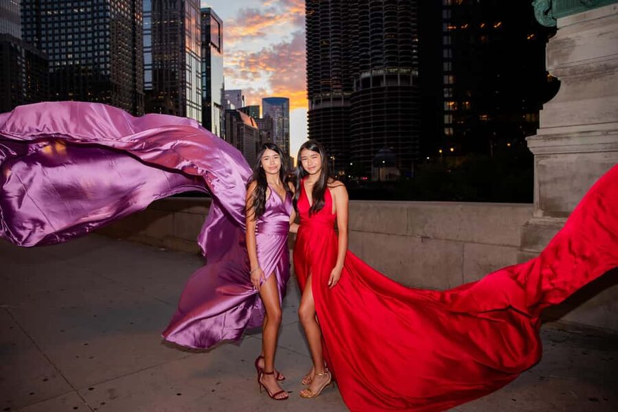 Chicago Luxury Flying Dress Photoshoot - Meeting at The Chicago Theatre
